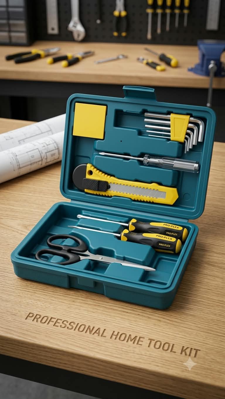 Tool kit 7PCS SET Carrying Box | Scissor, Screwdriver, Cutting Knife, Tester, Hex key, Measure Tap
