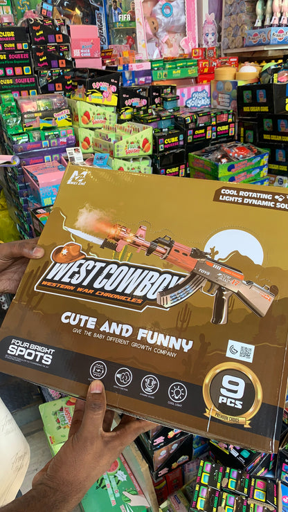 West Cowboy AK47 Toy Gun with Lights Sound and Smoke Rotating for Kids