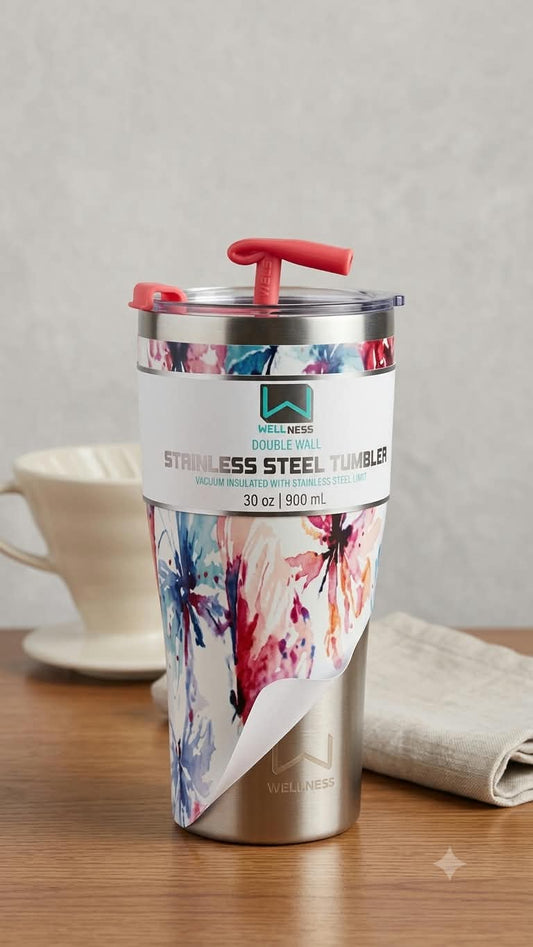 Wellness Double Wall Stainless Steel Insulated 30oz / 900ml Tumbler with Straw Lid and Floral Print